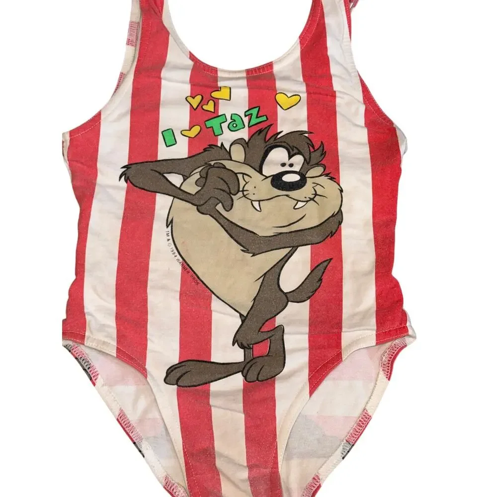 Vintage 1994 Looney Tunes Taz Striped Swimsuit Girls Size 7